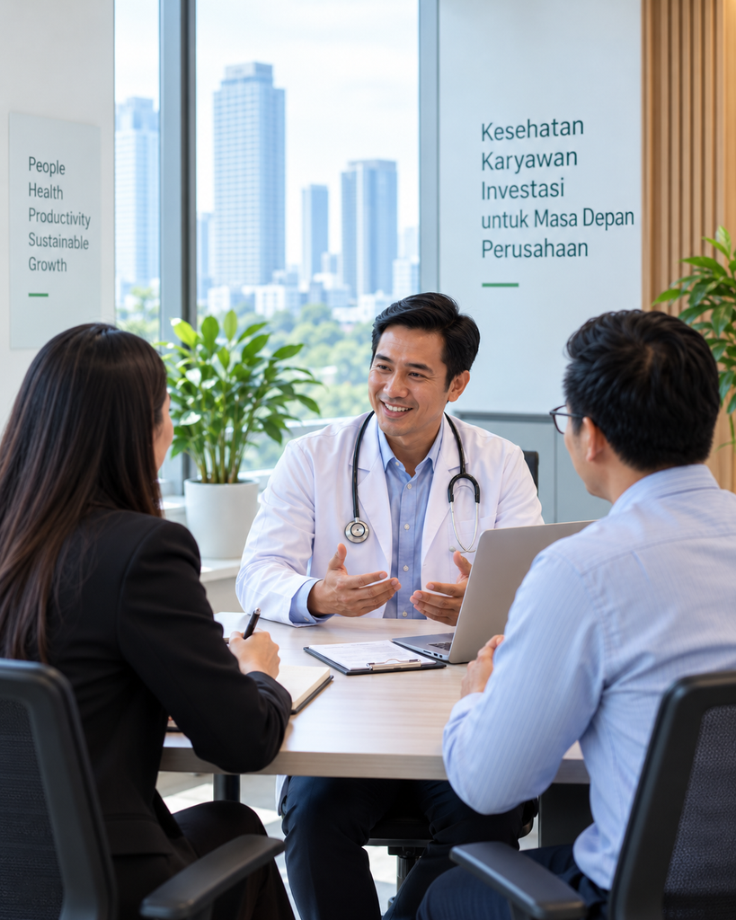 Dokter berdiskusi dengan perwakilan perusahaan mengenai layanan klinik perusahaan di Jakarta untuk mendukung kesehatan karyawan.