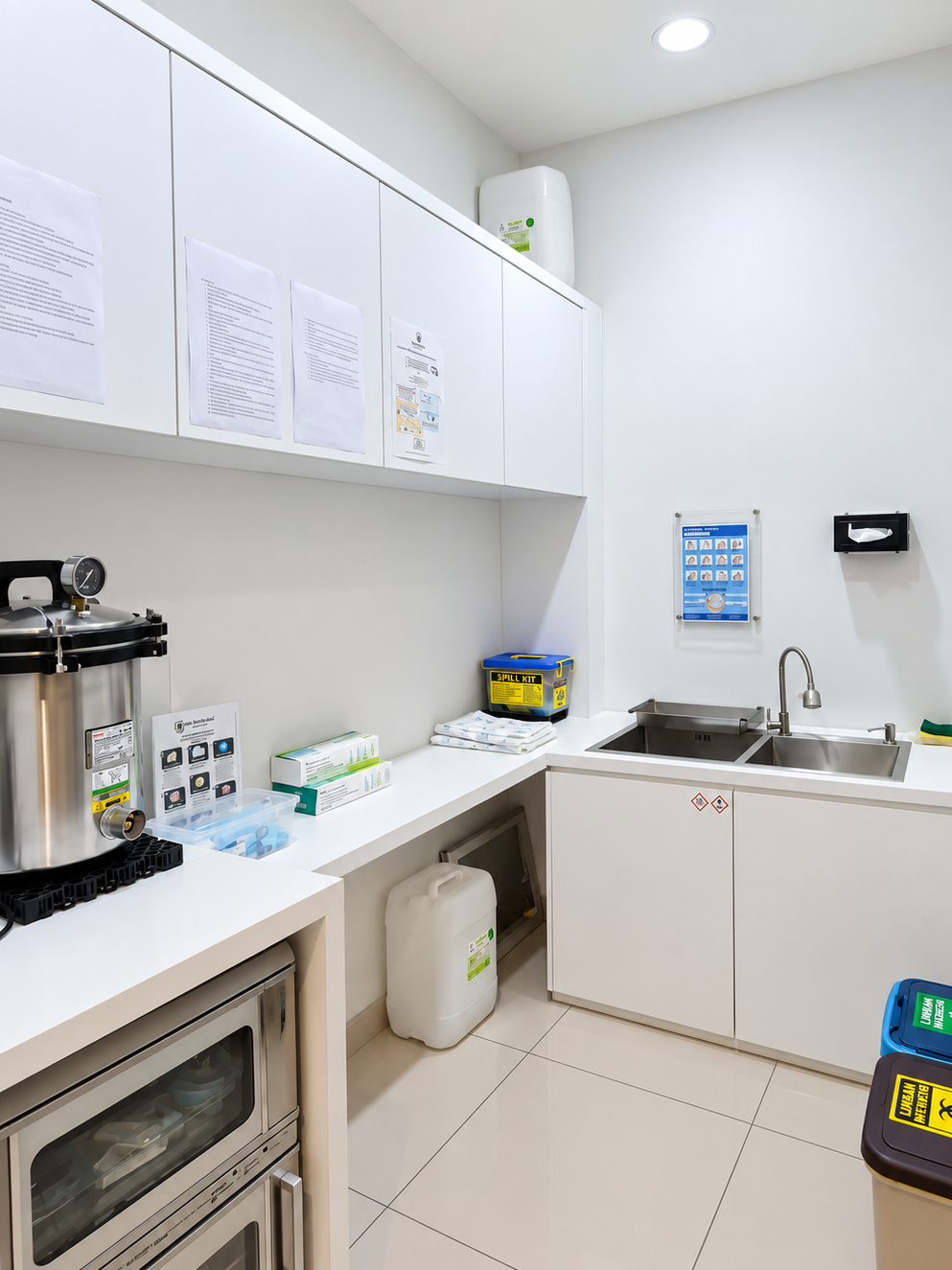 Area laboratorium Klinik Pratama Gracia Sehati dengan meja kerja, wastafel, dan perlengkapan pemeriksaan