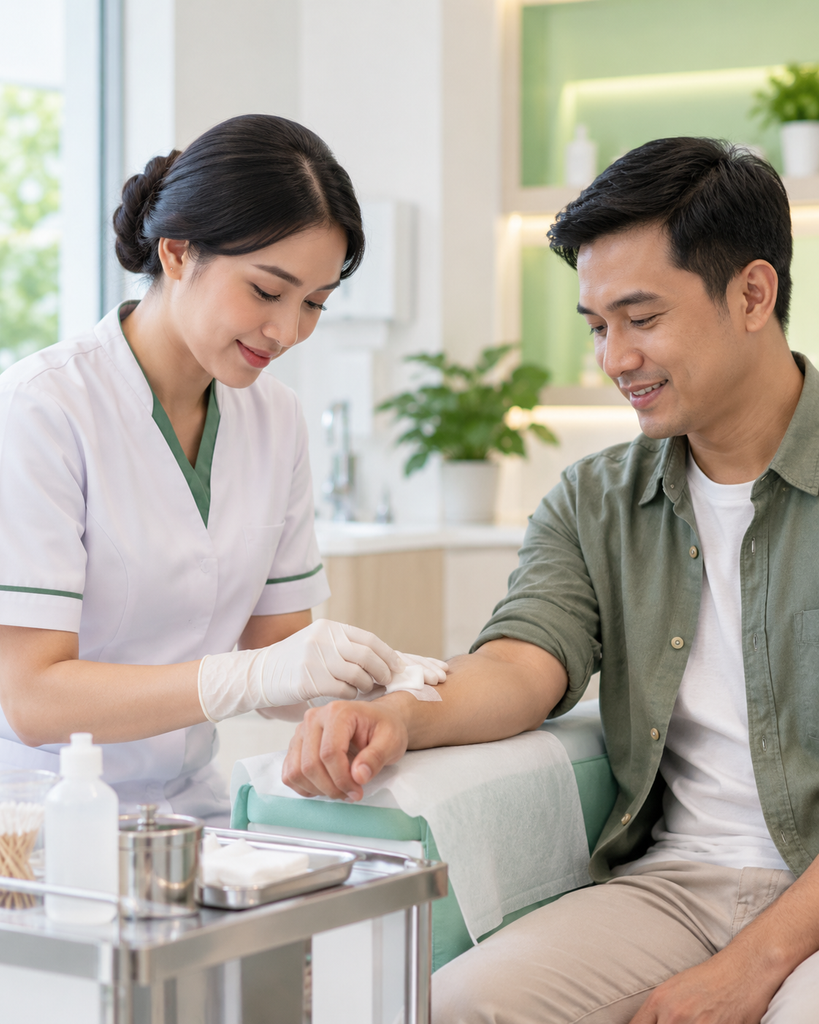 Tenaga medis melakukan perawatan luka di Jakarta Pusat di klinik yang modern dan bersih.
